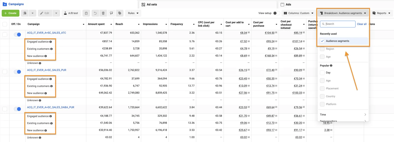 Definizione delle audience in Ads Manager