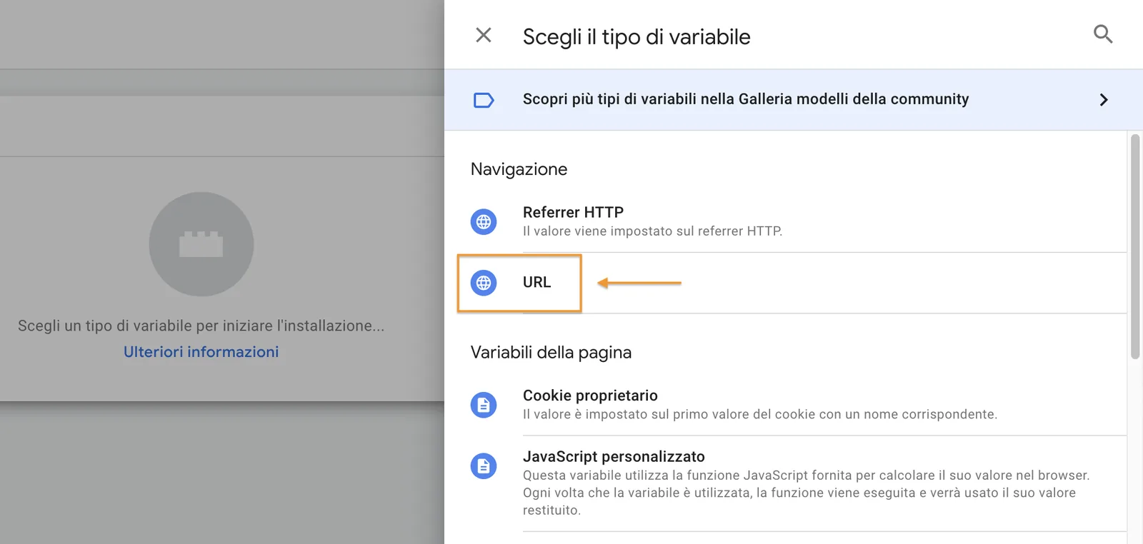 Scegliere il tipo di variabile su Google Tag Manager