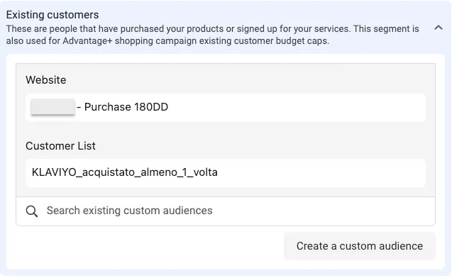 Definire il segmento Existing Customers su Meta