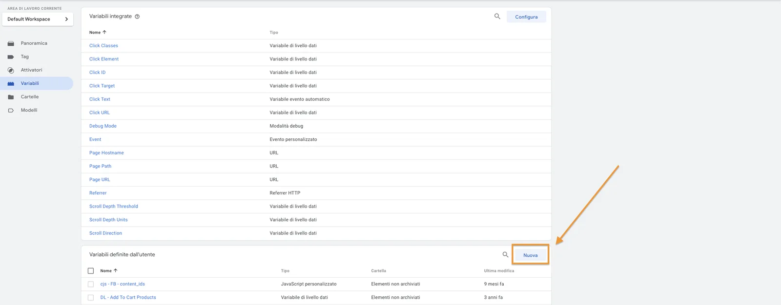 Nuova variabile Google Tag Manager