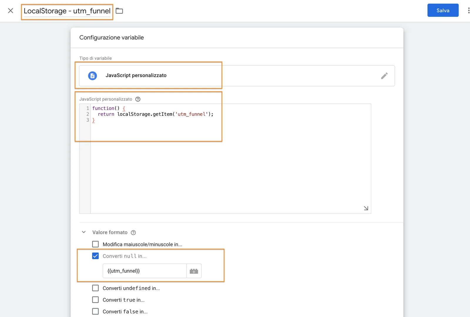 Configurare la variabile Local Storage su Google Tag Manager