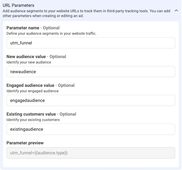 Parametri UTM impostati sui segmenti di audience definiti