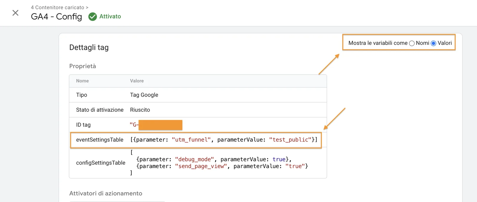 Verifica l'attivazione del tag e il valore su Google Tag Manager